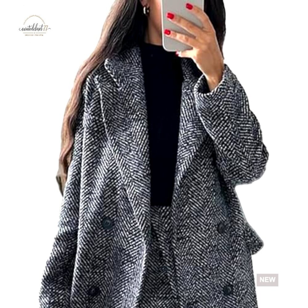 Women's Wool Herringbone Trench Coat Double Breasted Long Pea Coat - Picture 4 of 5